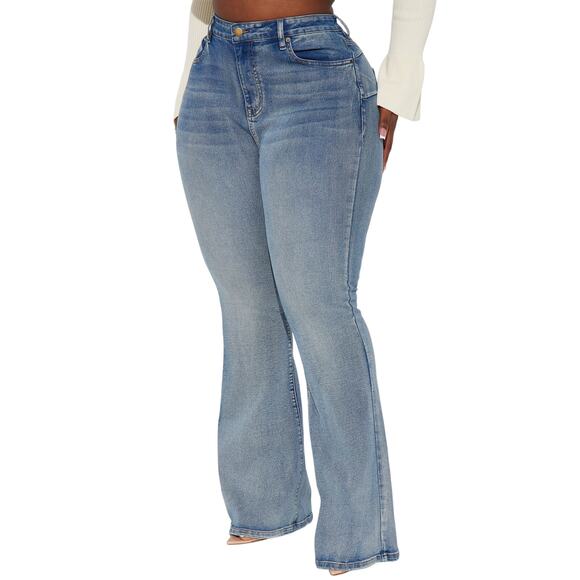 Fashion Nova Jeans Size 7 Gemma Sculpting Stretch Flare Wash Distressed Blue New - Picture 2 of 13